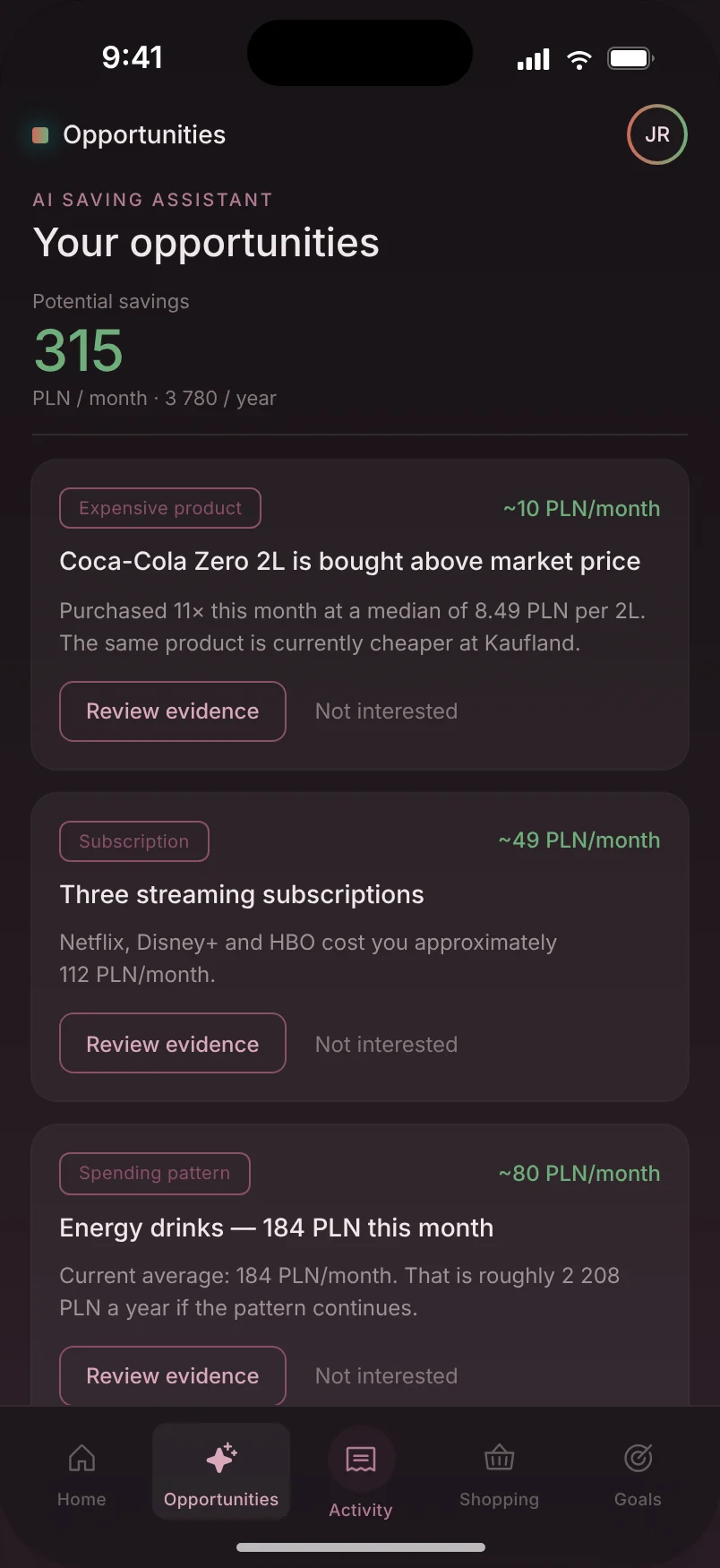 Ekran Opportunities z prototypu: lista okazji oszczędnościowych z szacowanym wpływem miesięcznym